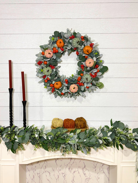 Burnt Orange and Green Fall Pumpkin Wreath with Lambs Ear and Berries ...