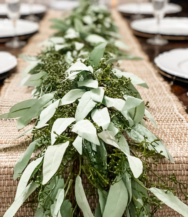 Artificial Seeded Eucalyptus Garland for mantle, wedding centerpiece, wedding arch greenery, mantle decor,  table decor, garland for wedding