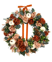 Burnt Orange Fall Rose Wreath with Cream Pumpkins