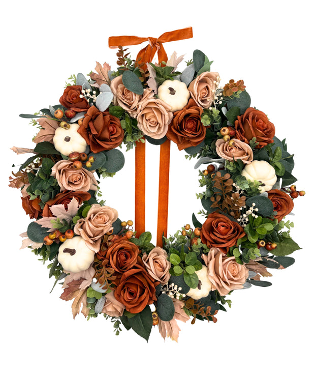 Burnt Orange Fall Rose Wreath with Cream Pumpkins