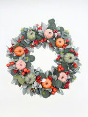 Burnt Orange and Green Fall Pumpkin Wreath with Lambs Ear and Berries