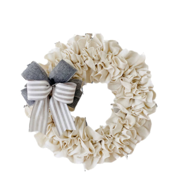 Off White Burlap Wreath With Grey Bow