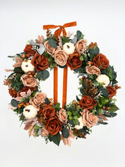 Burnt Orange Fall Rose Wreath with Cream Pumpkins