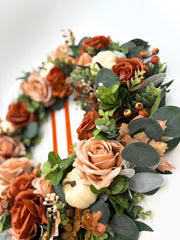 Burnt Orange Fall Rose Wreath with Cream Pumpkins