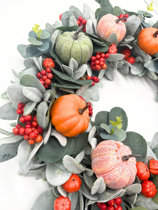 Burnt Orange and Green Fall Pumpkin Wreath with Lambs Ear and Berries