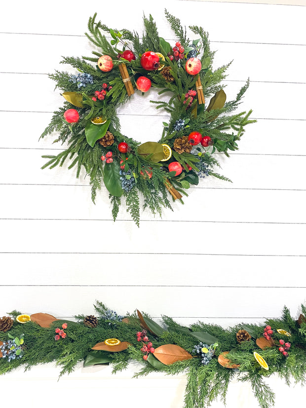 Williamsburg Christmas Wreath for Front Door, Apple and Pomegranate Wreath with Berries, Red and Green Winter Wreath