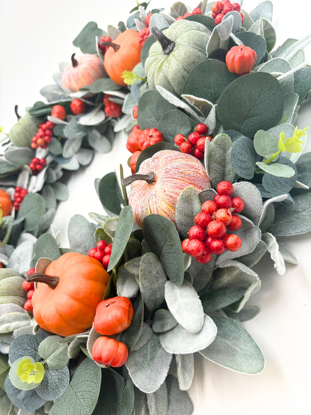 Burnt Orange and Green Fall Pumpkin Wreath with Lambs Ear and Berries