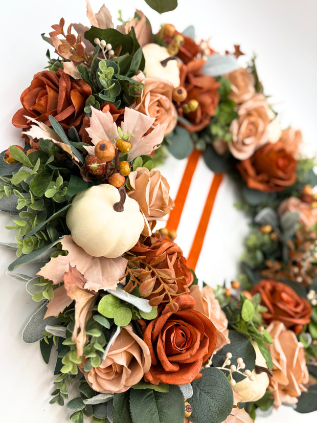 Burnt Orange Fall Rose Wreath with Cream Pumpkins
