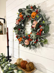 Burnt Orange and Green Fall Pumpkin Wreath with Lambs Ear and Berries