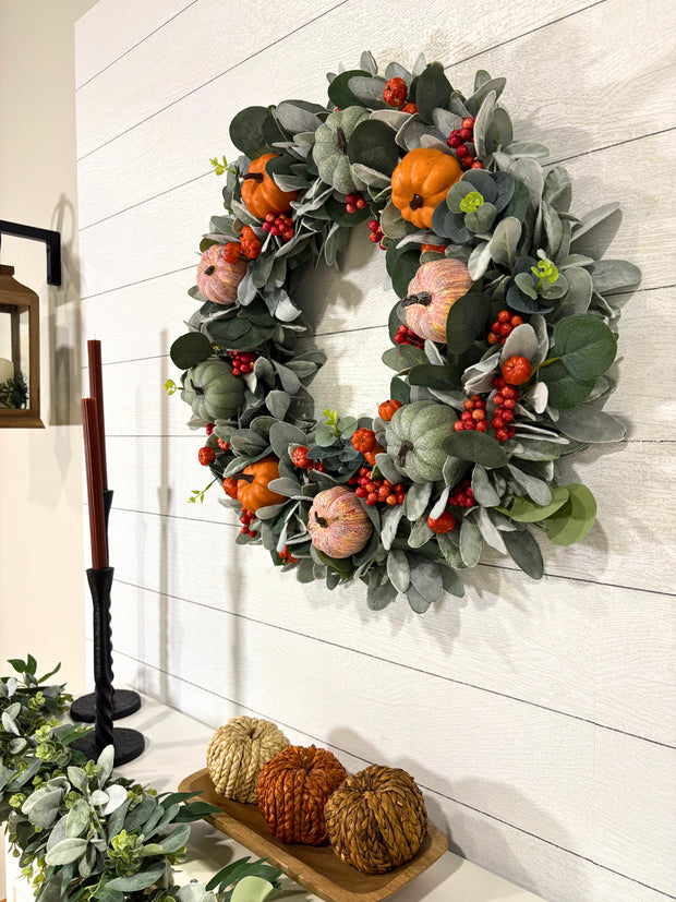Burnt Orange and Green Fall Pumpkin Wreath with Lambs Ear and Berries