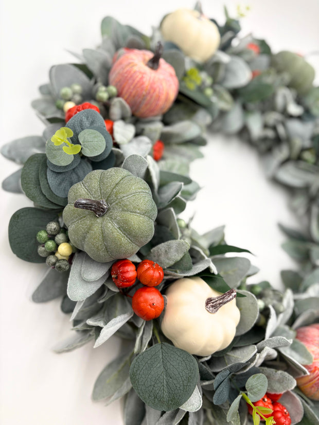 Fall Harvest Pumpkin Wreath with Orange Berries