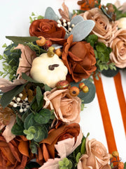 Burnt Orange Fall Rose Wreath with Cream Pumpkins