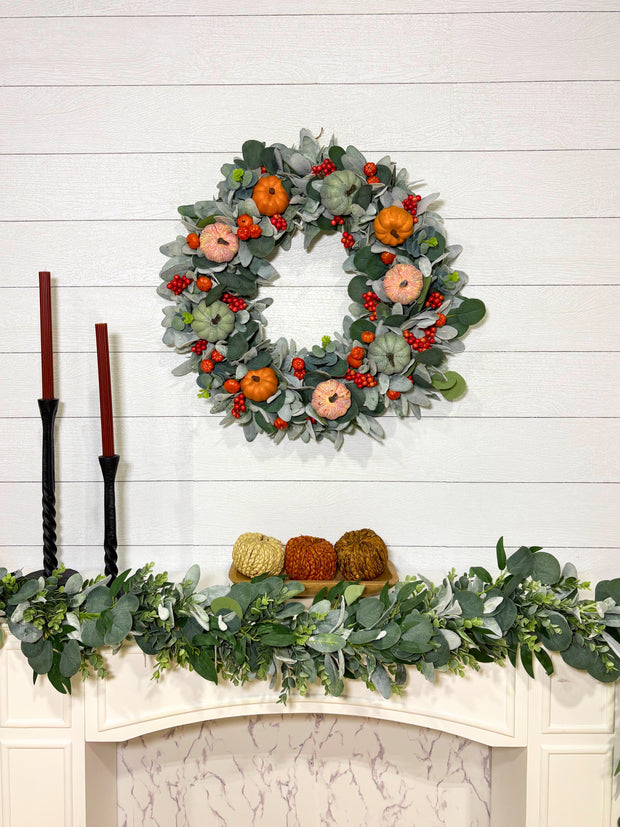 Burnt Orange and Green Fall Pumpkin Wreath with Lambs Ear and Berries