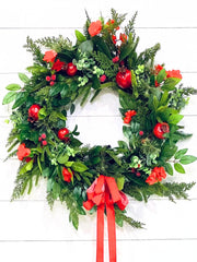 Artificial Norfolk Pine and Cedar Wreath with Berries, Red Pomegranate Christmas Wreath with Bow, Red and Green Christmas Decor