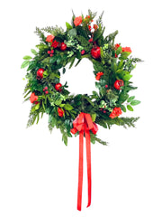 Artificial Norfolk Pine and Cedar Wreath with Berries, Red Pomegranate Christmas Wreath with Bow, Red and Green Christmas Decor
