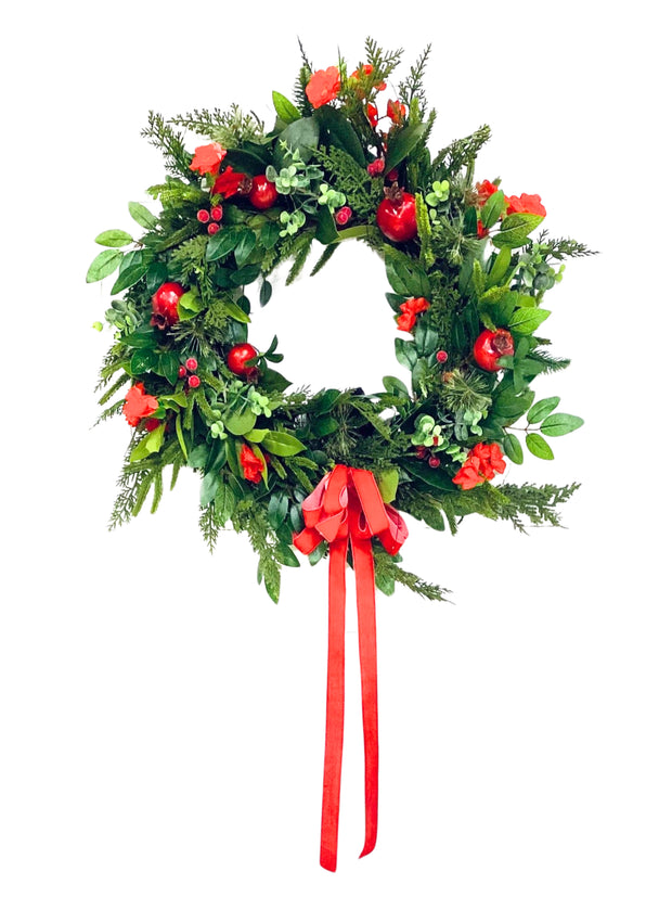 Artificial Norfolk Pine and Cedar Wreath with Berries, Red Pomegranate Christmas Wreath with Bow, Red and Green Christmas Decor