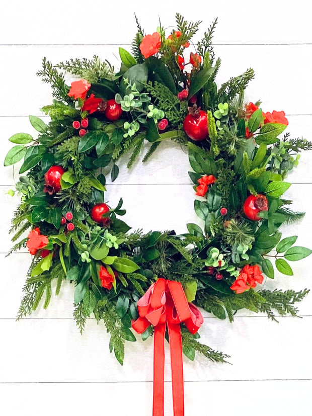 Artificial Norfolk Pine and Cedar Wreath with Berries, Red Pomegranate Christmas Wreath with Bow, Red and Green Christmas Decor