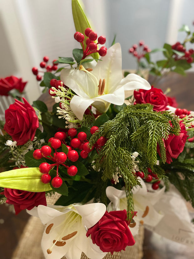 Artificial Real Touch Lily and Red Rose Holiday Bouquet