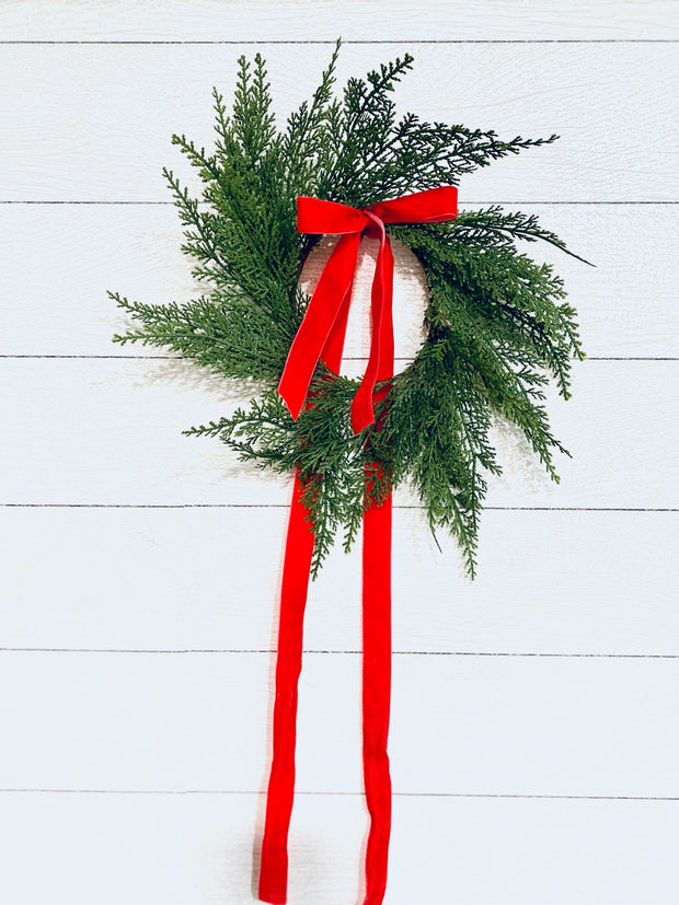 Traditional Red Mini Cedar Cabinet Wreaths with Ribbon