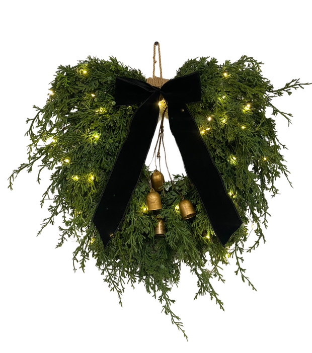 PreLit Cascading Juniper and Cedar Wreath with Bells