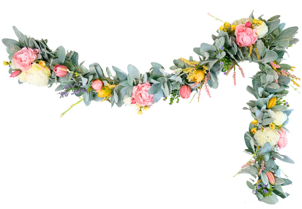 Floral garland with pink, yellow, and green flowers on a white background