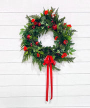 Artificial NorfolK Pine and Cedar Wreath with Berries, Red Pomegranate Christmas Wreath with Bow, Red and Green Christmas Decor