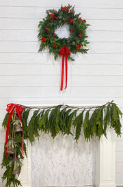 Artificial NorfolK Pine and Cedar Wreath with Berries, Red Pomegranate Christmas Wreath with Bow, Red and Green Christmas Decor