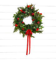 Artificial NorfolK Pine and Cedar Wreath with Berries, Red Pomegranate Christmas Wreath with Bow, Red and Green Christmas Decor