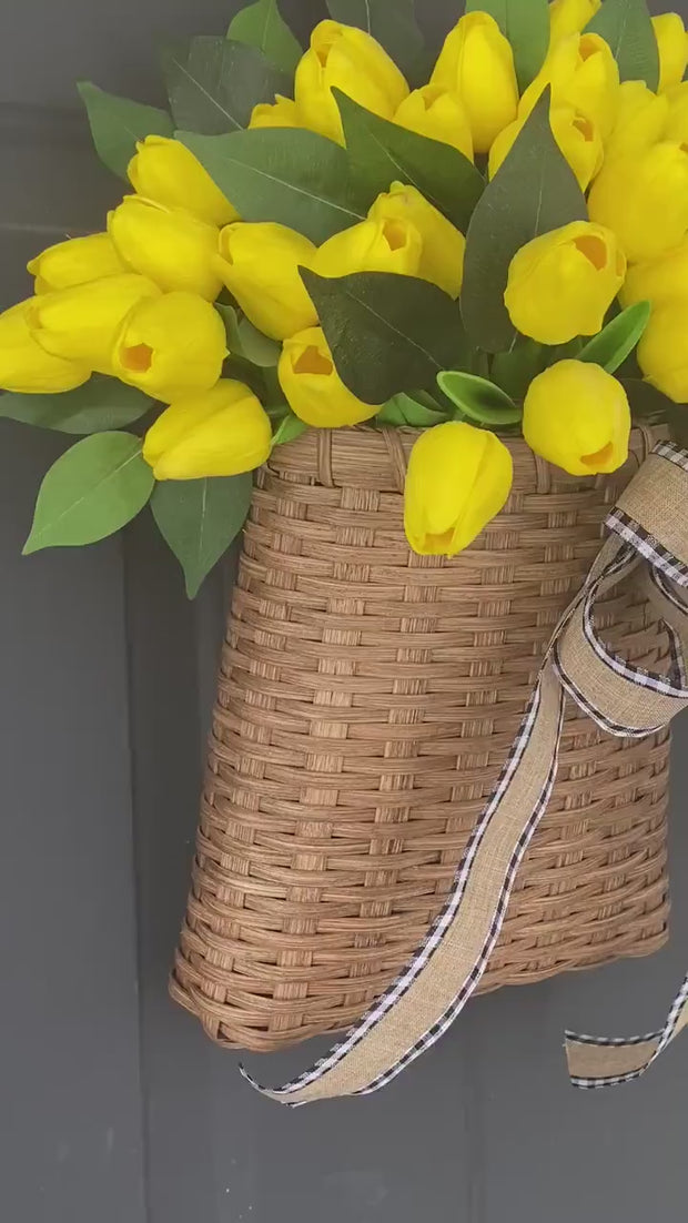 Yellow Tulip Wreath for Front Door, Summer and Spring Tulip Door Basket, Farmhouse Porch Decor, French Country Wreath, Unique Gift for Mom