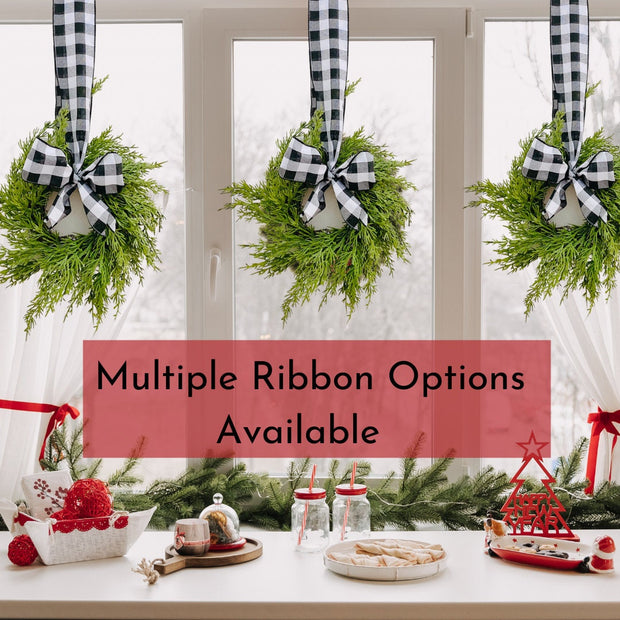 Christmas Mini Cabinet Wreaths with Ribbon, Mini Cedar Cabinet Wreaths, Cabinet Wreath with Buffalo Plaid Bow, Farmhouse Christmas Decor