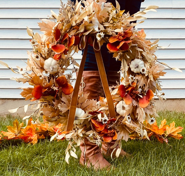 Neutral Fall Harvest Door Wreath with Pumpkins, Fall Front Door Wreath, Farmhouse Pumpkin Door Hanger, Autumn Porch Decor, Fall Mantle Decor