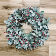 Christmas Lambs Ear with Red Berries  Wreath for Front Door, Winter Farmhouse Mistletoe Wreath,  Small Winter wreath, Christmas Door Wreath