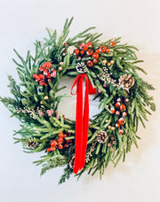 Farmhouse Christmas Wreath with Red Berries, Rustic Cedar and Pine Door Wreath, Red and Gold Christmas Wreath, Christmas Mistletoe Decor