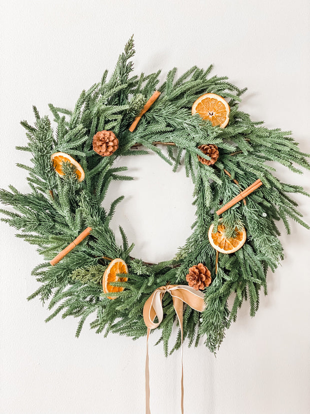 Neutral Farmhouse Christmas Wreath with Dried Oranges, Real Touch Pine Door Wreath, Gold Christmas Wreath, Christmas Mistletoe Decor