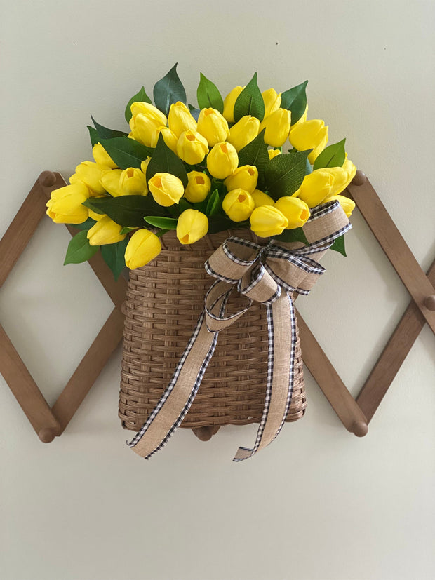 Yellow Tulip Wreath for Front Door, Summer and Spring Tulip Door Basket, Farmhouse Porch Decor, French Country Wreath, Unique Gift for Mom