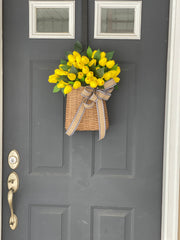 Yellow Tulip Wreath for Front Door, Summer and Spring Tulip Door Basket, Farmhouse Porch Decor, French Country Wreath, Unique Gift for Mom