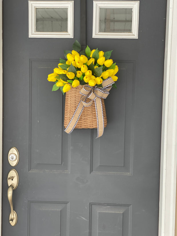Yellow Tulip Wreath for Front Door, Summer and Spring Tulip Door Basket, Farmhouse Porch Decor, French Country Wreath, Unique Gift for Mom