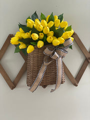Yellow Tulip Wreath for Front Door, Summer and Spring Tulip Door Basket, Farmhouse Porch Decor, French Country Wreath, Unique Gift for Mom