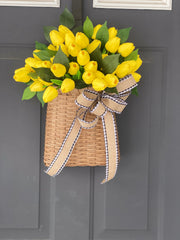 Yellow Tulip Wreath for Front Door, Summer and Spring Tulip Door Basket, Farmhouse Porch Decor, French Country Wreath, Unique Gift for Mom