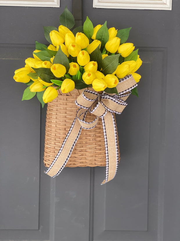 Yellow Tulip Wreath for Front Door, Summer and Spring Tulip Door Basket, Farmhouse Porch Decor, French Country Wreath, Unique Gift for Mom