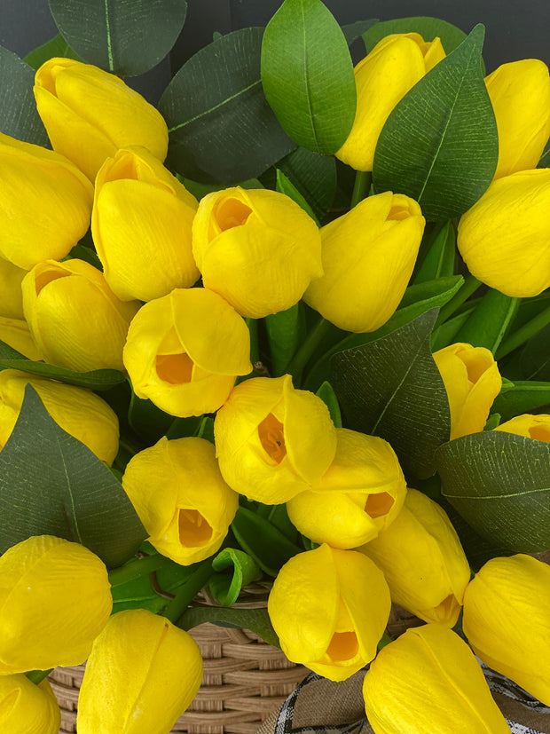 Yellow Tulip Wreath for Front Door, Summer and Spring Tulip Door Basket, Farmhouse Porch Decor, French Country Wreath, Unique Gift for Mom