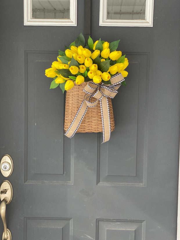 Yellow Tulip Wreath for Front Door, Summer and Spring Tulip Door Basket, Farmhouse Porch Decor, French Country Wreath, Unique Gift for Mom