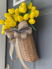 Yellow Tulip Wreath for Front Door, Summer and Spring Tulip Door Basket, Farmhouse Porch Decor, French Country Wreath, Unique Gift for Mom