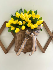 Yellow Tulip Wreath for Front Door, Summer and Spring Tulip Door Basket, Farmhouse Porch Decor, French Country Wreath, Unique Gift for Mom
