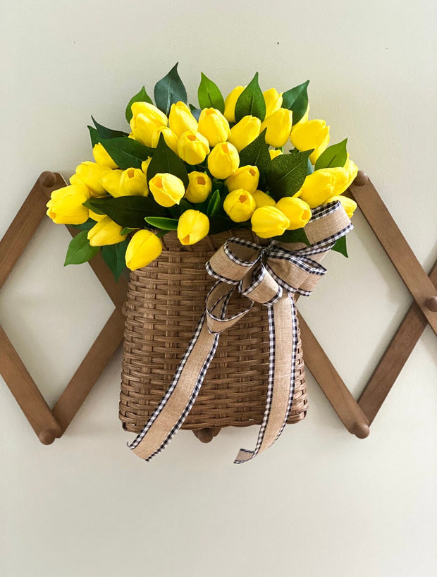 Yellow Tulip Wreath for Front Door, Summer and Spring Tulip Door Basket, Farmhouse Porch Decor, French Country Wreath, Unique Gift for Mom