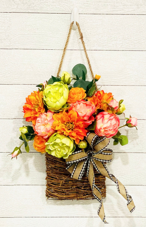 Spring Peony Front Door Wreath, Colorful Pink and Orange Summer Door Basket, Farmhouse Wreath, Cottage Style Porch Decor, Gift for Mom