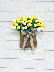 Tulip Door Basket, Summer and Spring Door Hanger, Valentines Day Wall Decor, Farmhouse Tulip Wreath, French Country, Unique Gift for Mom