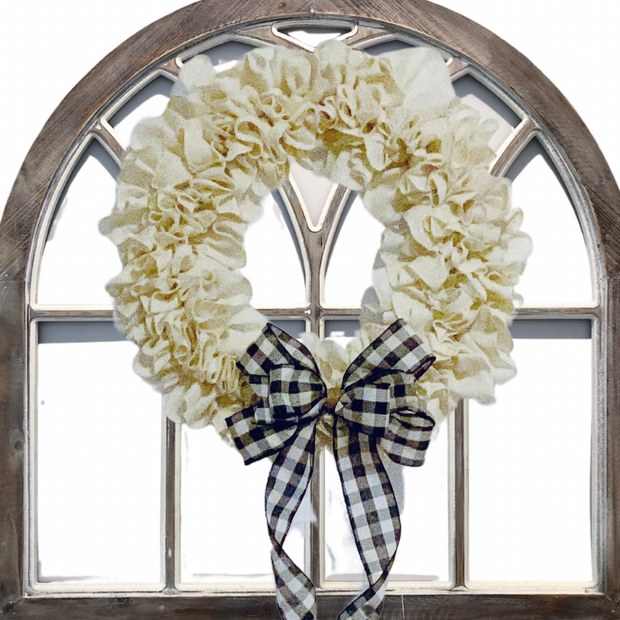 White Burlap Wreath with Buffalo Plaid Bow