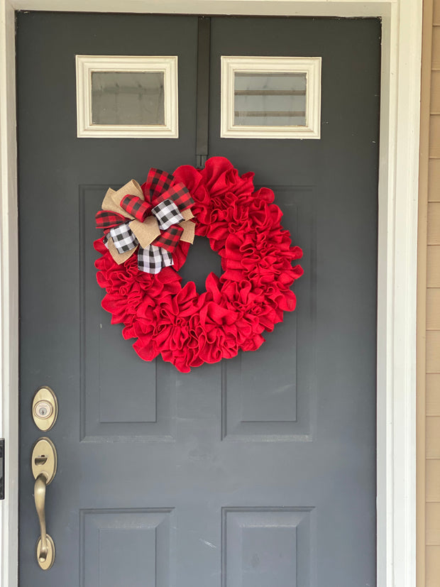 Valentines Wreath, Burlap Heart Wreath, Valentine Door Decor, Front Door Decor, Red Burlap Heart Wreath,  Wreath with Burlap Bow