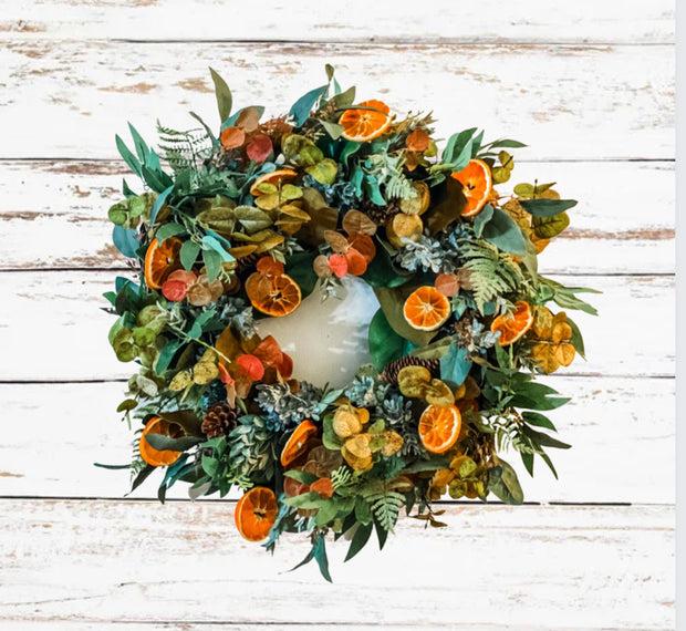 Dried orange and artificial eucalyptus wreath
